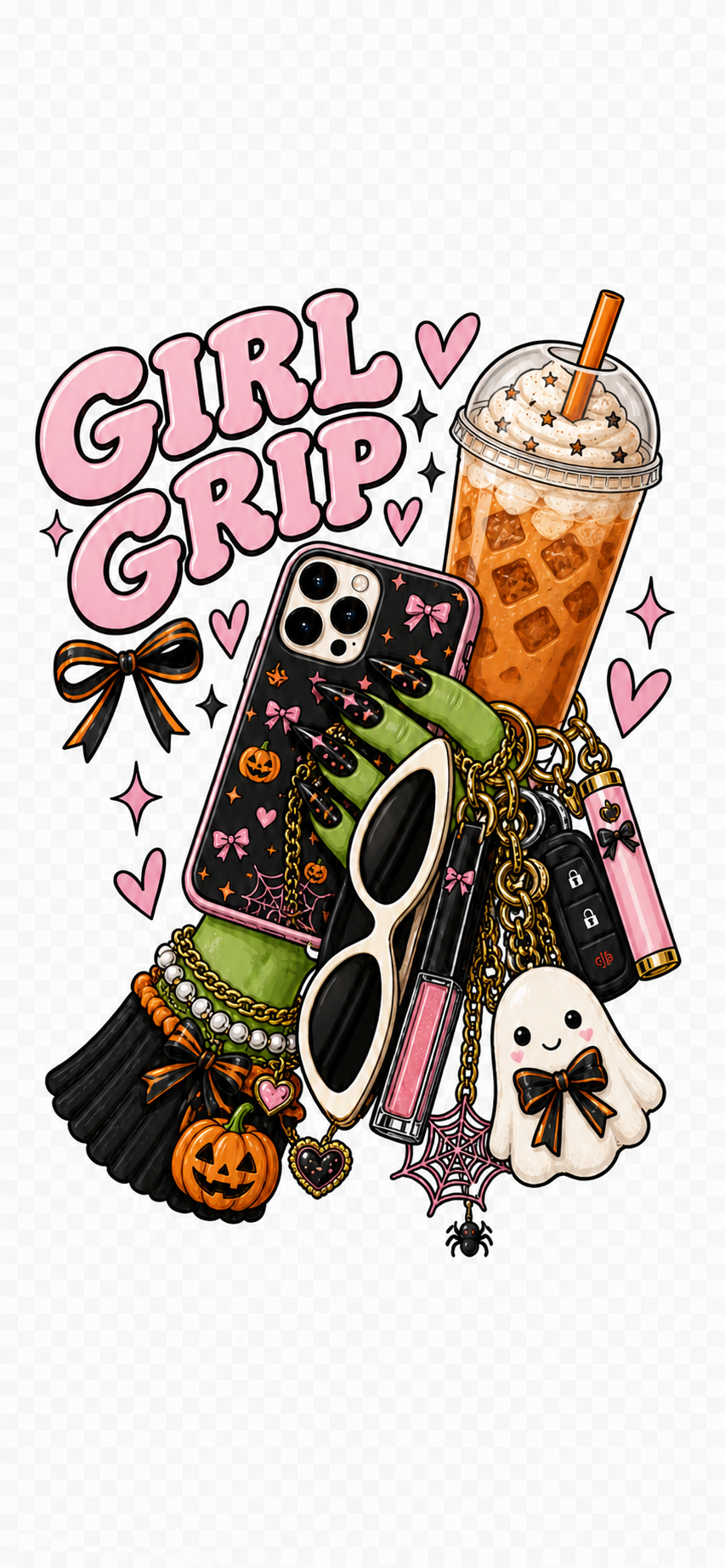 Fall and Halloween Girl Grip graphic with pumpkins, a black cat, ghost, phone, drink, and accessories